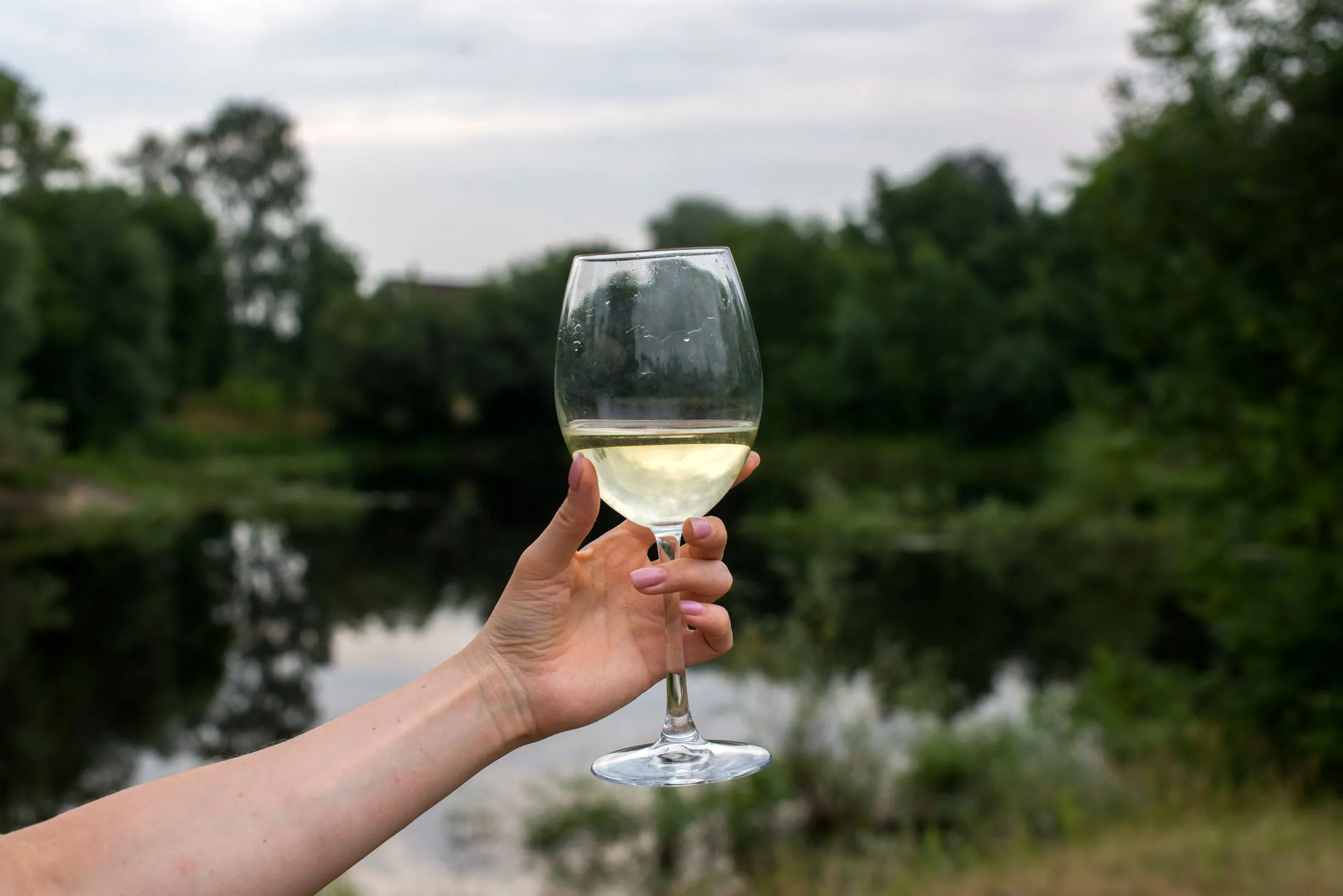Copa de txakoli en alto, con la ría de Urdaibai al fondo